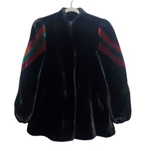 80’s Vintage Sasson Borgazia Women’s Faux Fur Black Coat Striped Sleeves 12